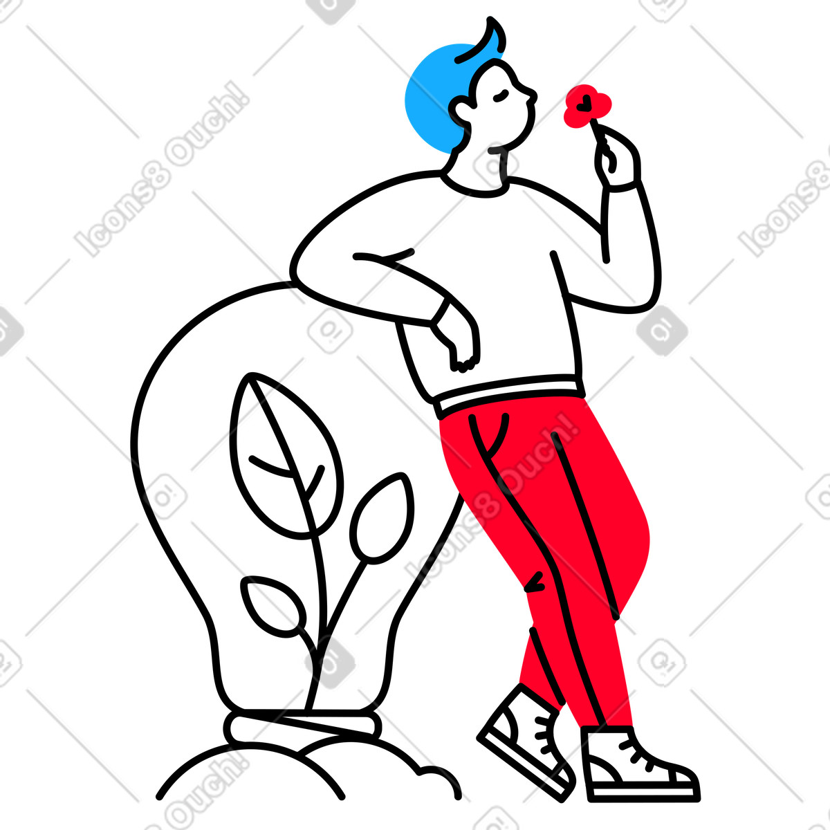 Uomo che annusa un fiore, appoggiandosi a una lampadina con dentro pianta illustrazione in stile Transistor scarica in PNG, SVG