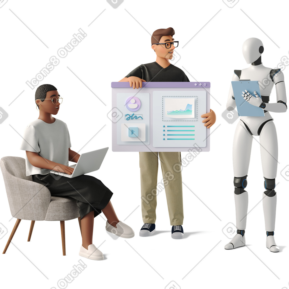 下载 3D Business 风格的 Robot collaborating with laptop user and analyst holding data dashboard board 插画，支持 PNG、SVG 格式