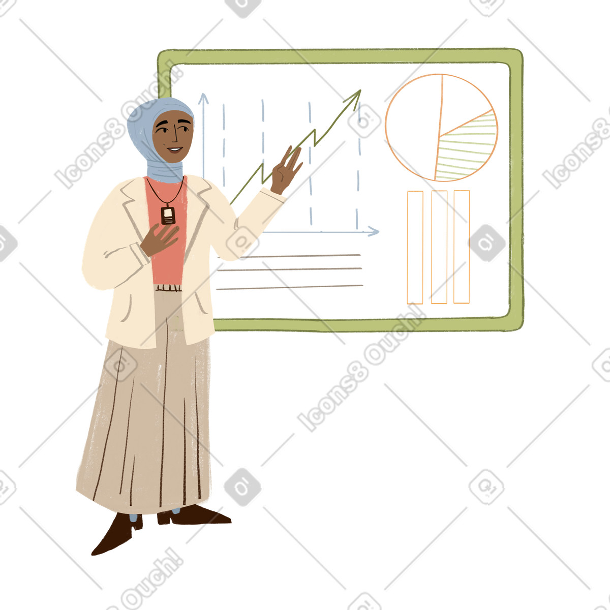 Woman showing presentation illustration in Lumiere style download in PNG, SVG