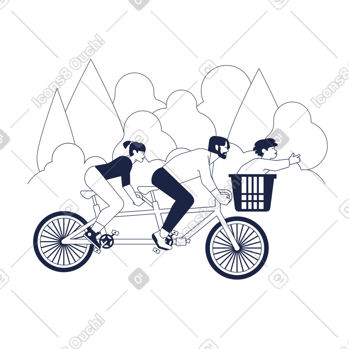 Иллюстрация Family of three riding a tandem bike, Healthy activity and outdoor recreation в стиле Urban Line — скачать в форматах PNG, SVG