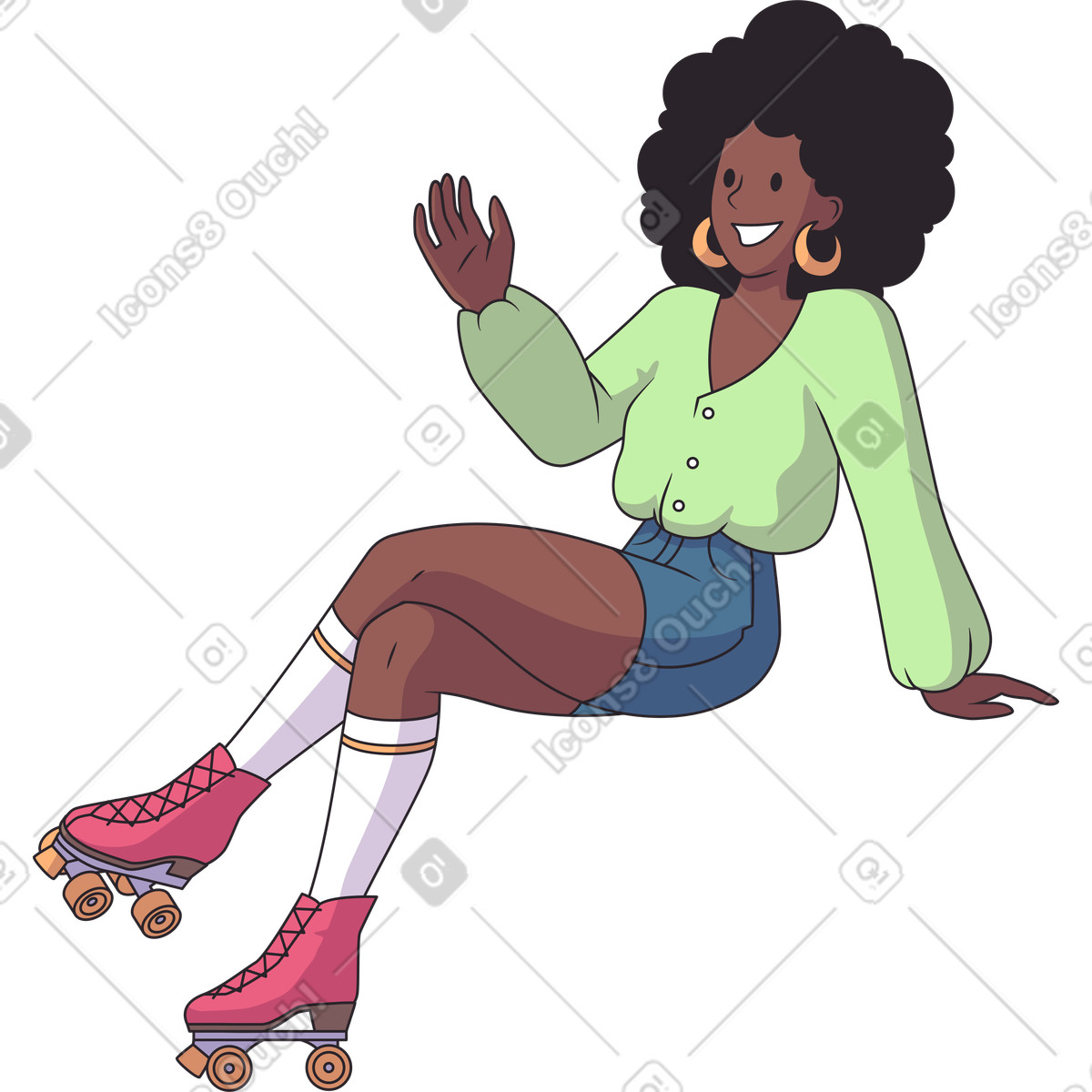 Schwarzes rollschuhmädchen mit afro sitzt und lächelt-Illustration im Eastwood-Stil als Download in PNG, SVG