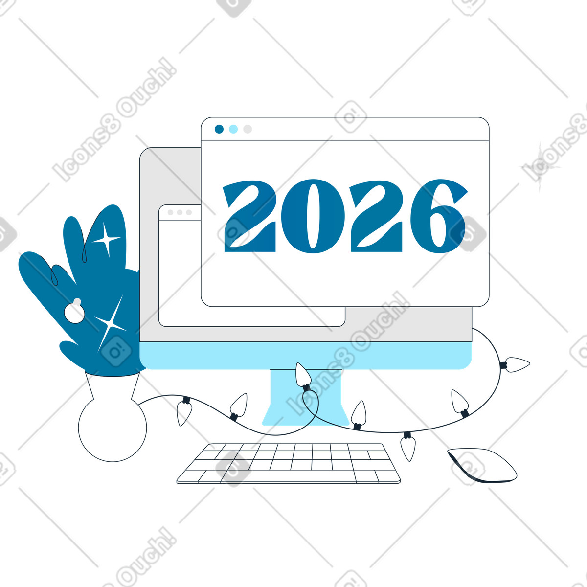 Computer screen with number 2026 and Christmas decorations, Festive website banner illustration in Indigo style download in PNG, SVG