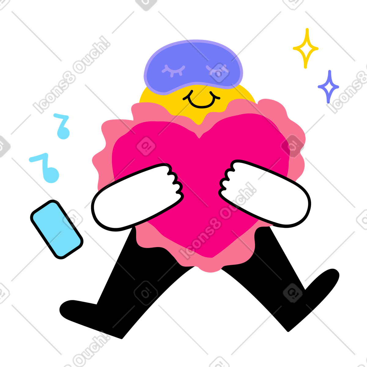 Illustration Personnage endormi, cœur enlacé, amour de soi et bien-être dans le style Giggle à télécharger aux formats PNG, SVG