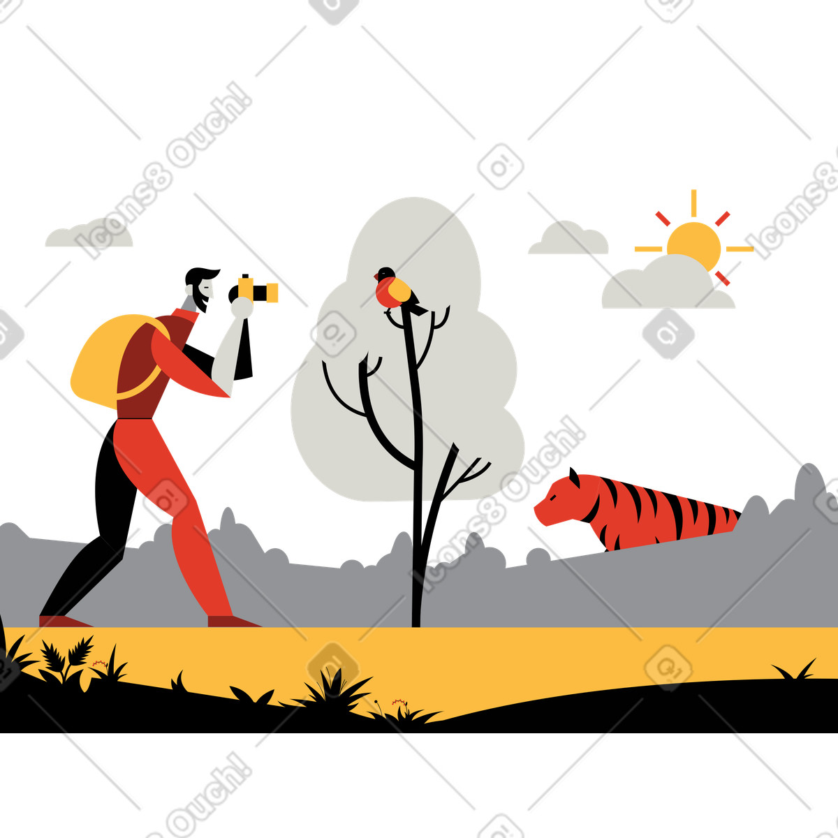 Ilustración El fotógrafo de vida salvaje no ve peligro en estilo Burgundy a descargar en PNG y SVG