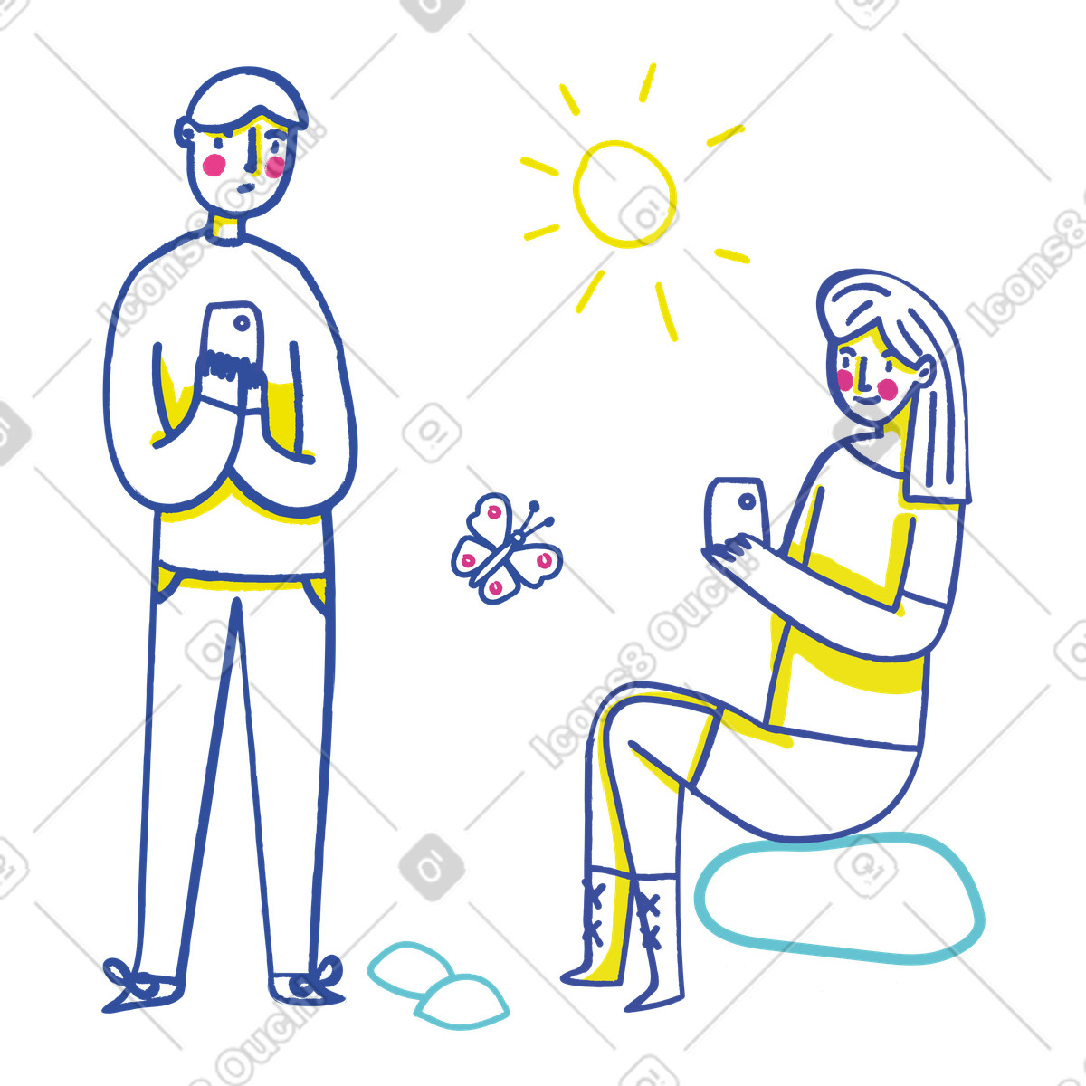 Lime スタイルの スマートフォン中毒の男女が屋外で一緒に時間を過ごす のイラストをPNG、SVG形式でダウンロード