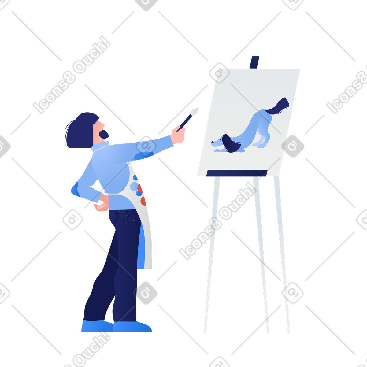 Male artist creating a dog illustration on canvas, featuring painter clipart in PNG and SVG