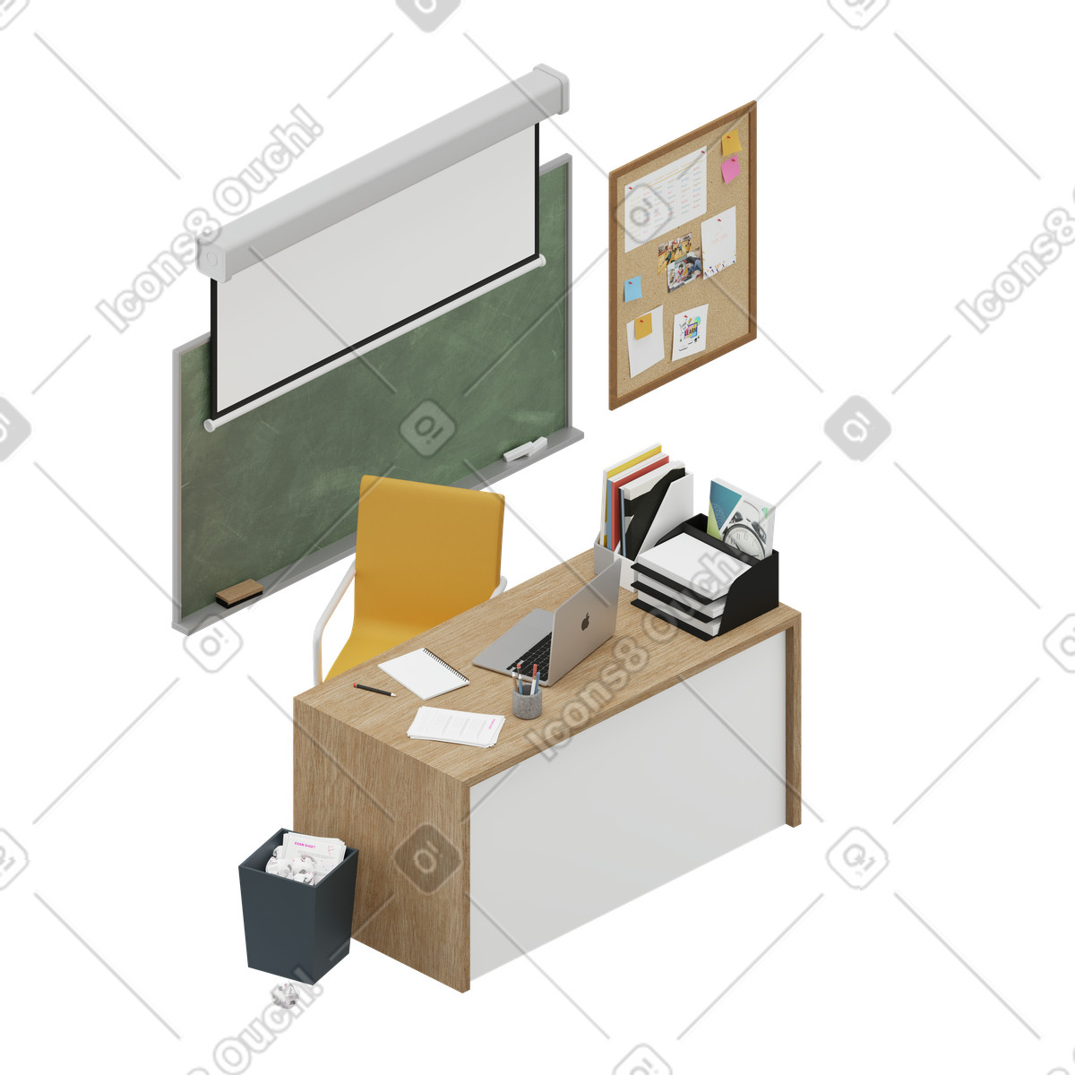 Isometric teacher's desk with blackboard illustration showcasing education vector clipart images