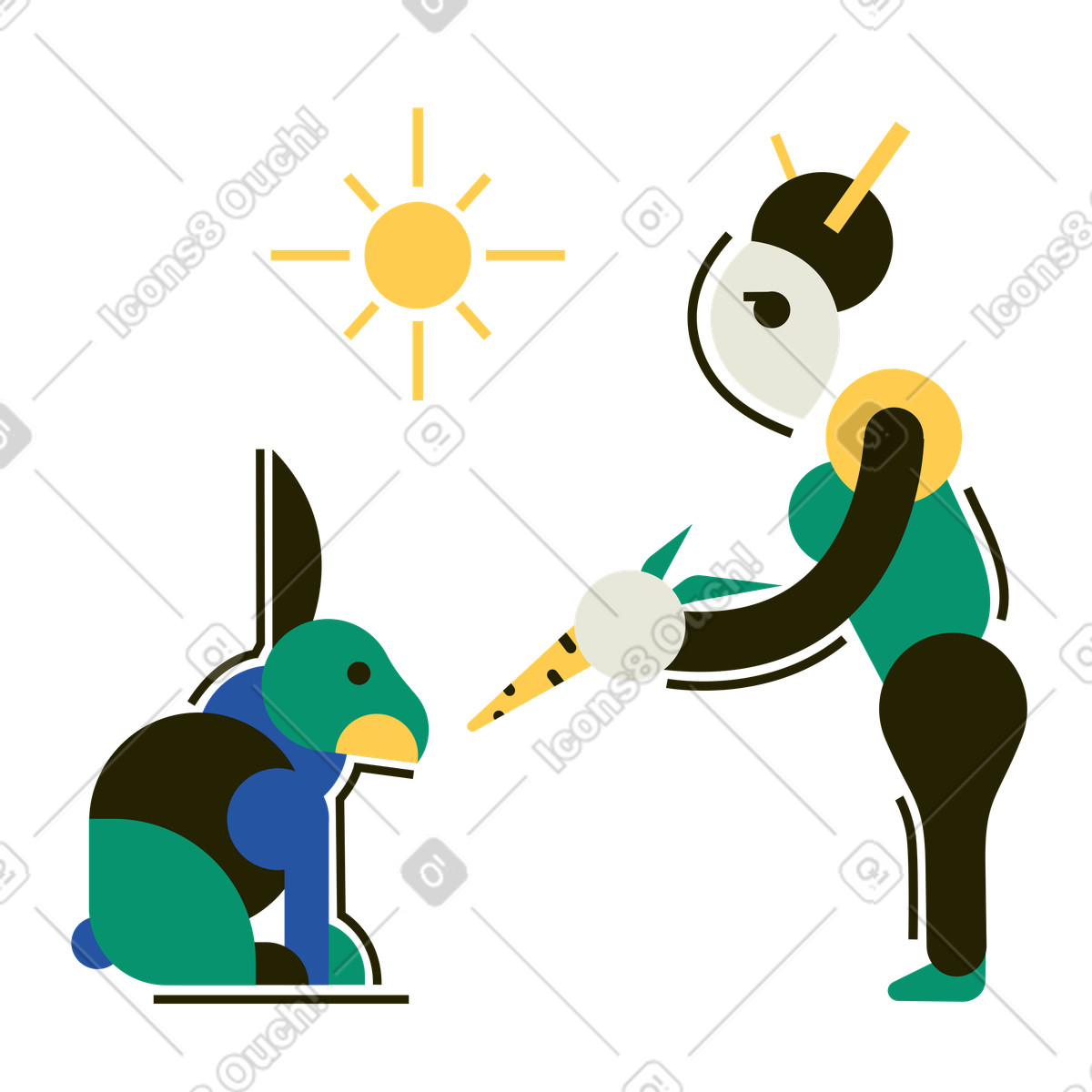 Illustration Femme nourrissant un lapin avec des carottes dans le style Spot à télécharger aux formats PNG, SVG