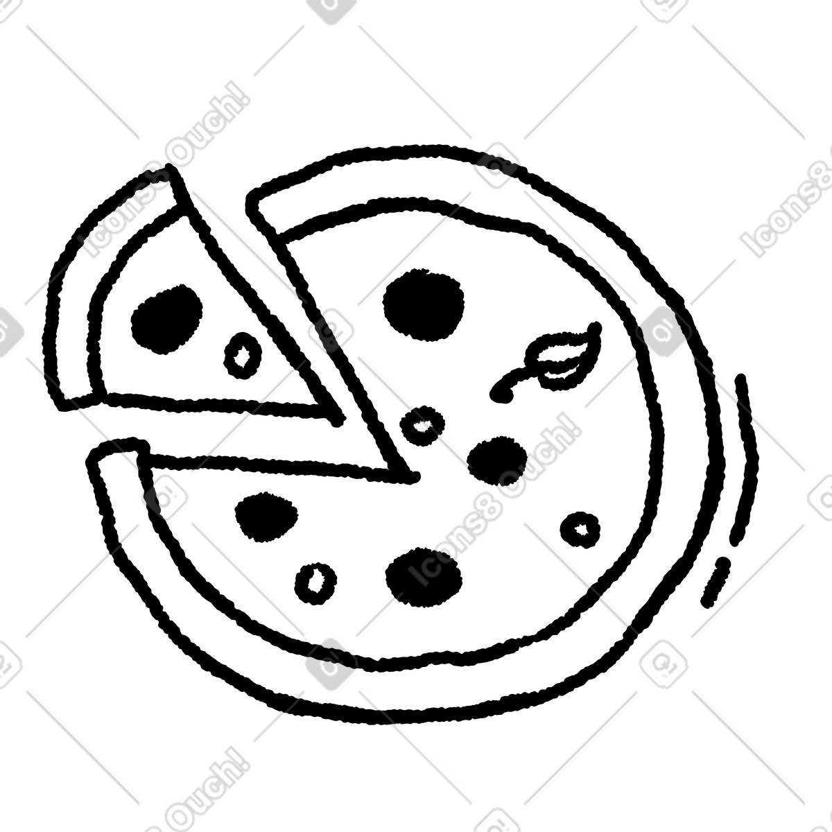 下载 Black Chalk 风格的 Pizza slice removed from whole pie with toppings and crust 插画，支持 PNG、SVG 格式