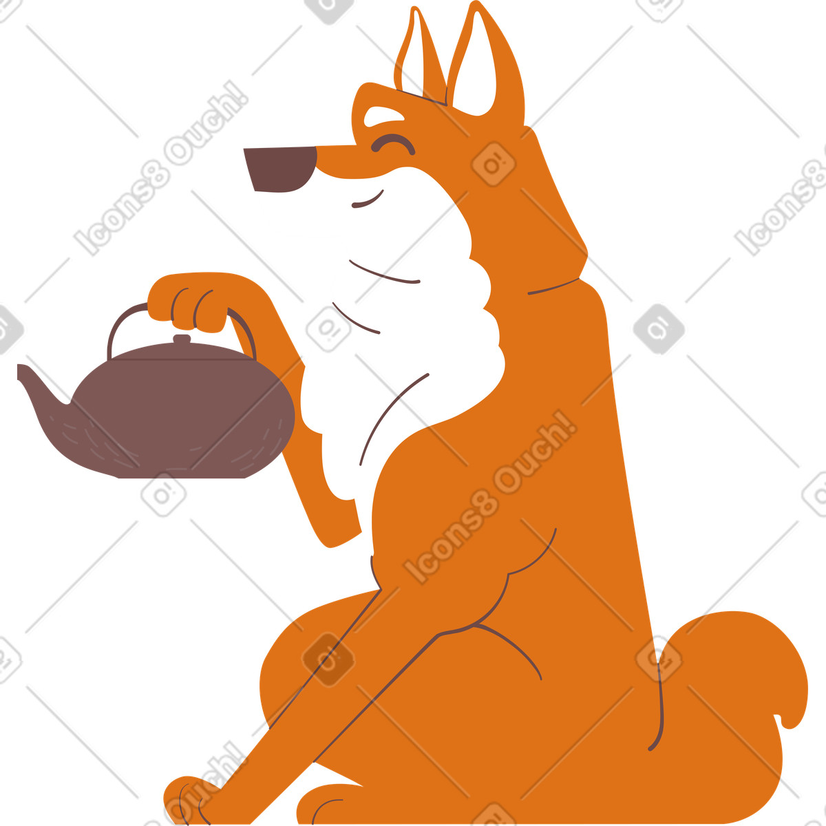 Ilustración Shiba inu con tetera en estilo Woof a descargar en PNG y SVG