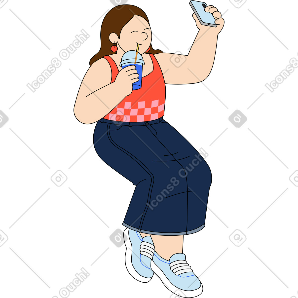 Woman with cold drink taking selfie illustration in Kindy style download in PNG, SVG