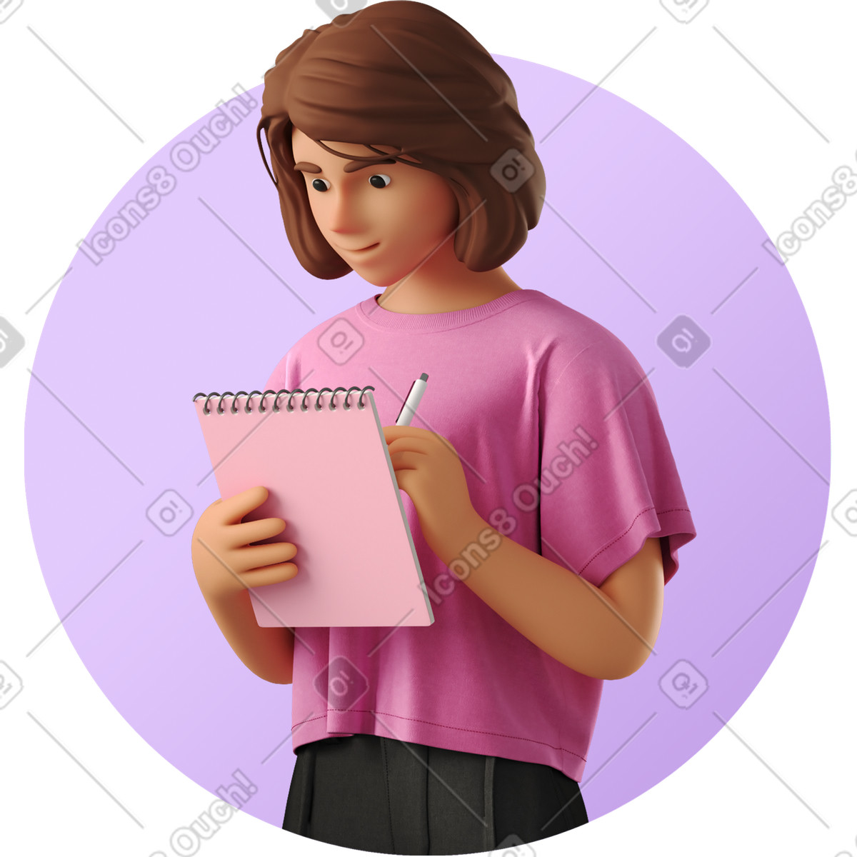 3D Business スタイルの Young woman writing in a notepad のイラストをPNG、SVG形式でダウンロード