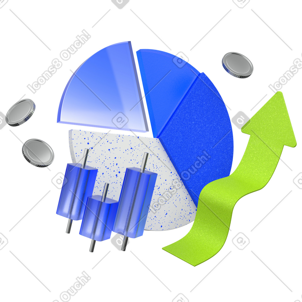 Ilustración Gráfico circular, de velas, flecha escalonada y monedas en estilo 3D Enterprise a descargar en PNG SVG