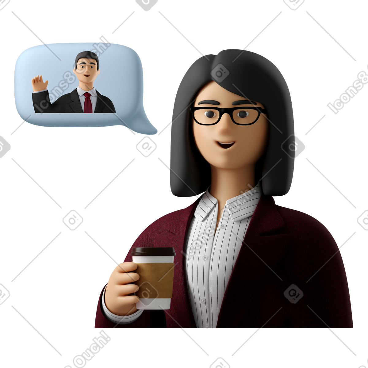 3D Business 스타일의 테이크 아웃 커피를 들고 동료와 이야기하는 사업가 일러스트레이션 PNG, SVG 다운로드