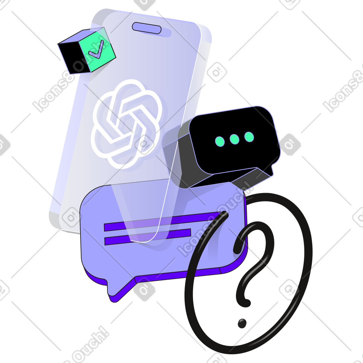 Ilustración Smartphone con logo gpt chat y burbujas de discurso en estilo Incut a descargar en PNG SVG
