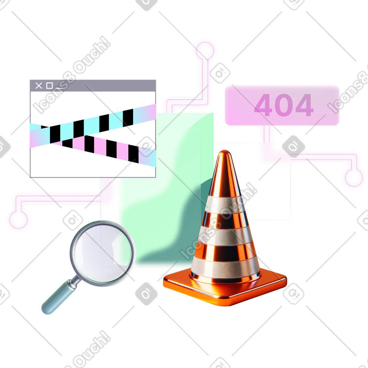 Illustration 404, page d'erreur introuvable dans le style Chromed à télécharger aux formats PNG, SVG