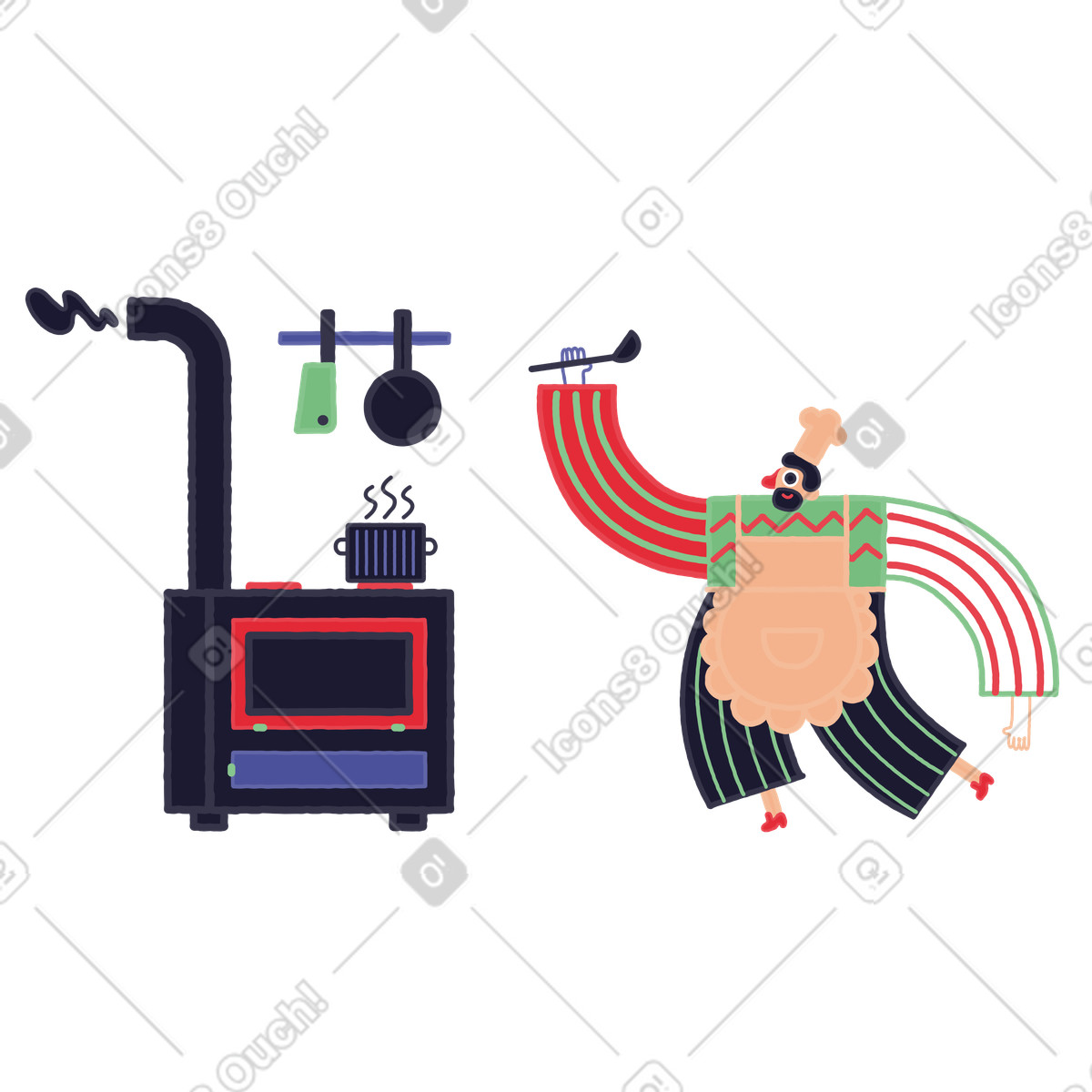 Chef in apron cooking at kitchen range, food preparation activity-Illustration im Stripy-Stil als Download PNG, SVG