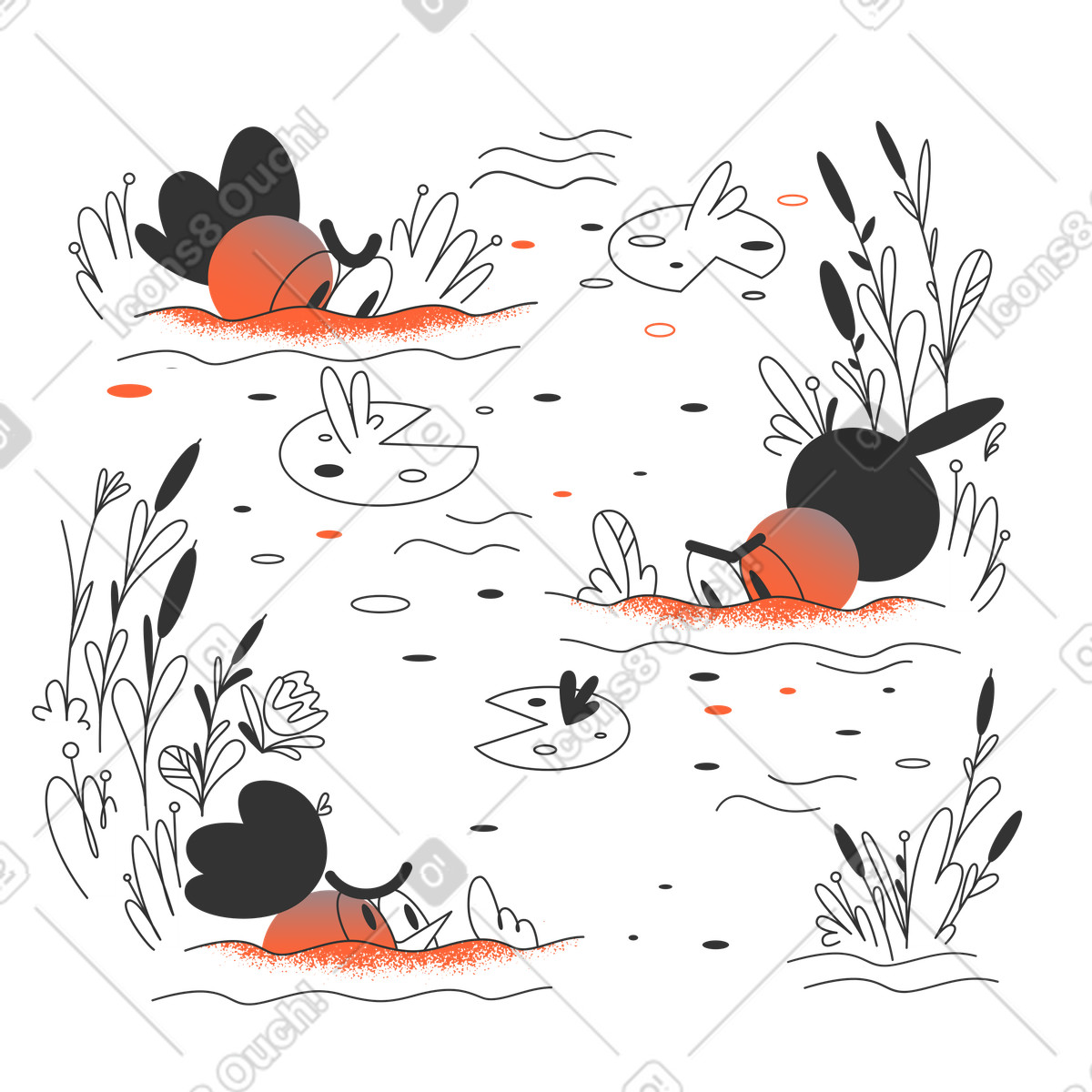 Making no comment and hiding with necks deep in swamp illustration Crayon style download PNG, SVG