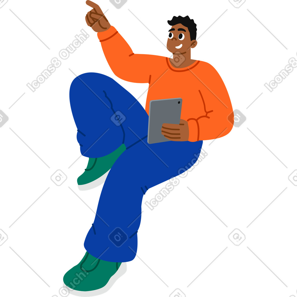 Mann sitzt mit einem tablet-Illustration im Active-Stil als Download in PNG, SVG