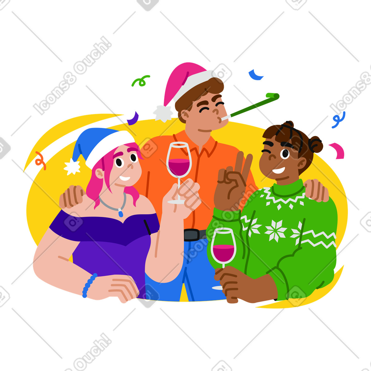 Ilustración Amigos celebrando la navidad con bebidas y confeti. en estilo Active a descargar en PNG SVG