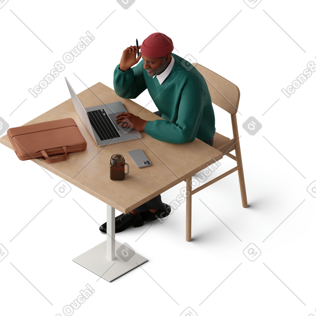Isometric view of man working online illustration in 3D Hygge style download in PNG, SVG