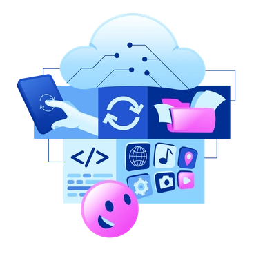 Cloud computing elements with icons and a smiley face - Glossy style illustration
