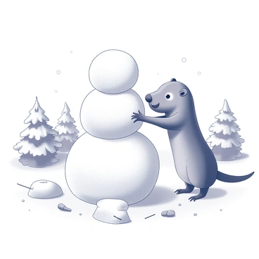 A wombat standing on its hind legs in a snowy landscape. The wombat is using its front paws to stack large snowballs on top of each other, forming the base of a snowman. Small pine trees with snow-covered branches surround the scene, adding to the winter atmosphere. In the foreground, there are scattered snowflakes gently falling from the sky. The wombat has a focused expression as it places a round snowball on top to form the head of the snowman. Nearby, there are a few twigs and a carrot, presumably intended for the snowman's arms and nose.