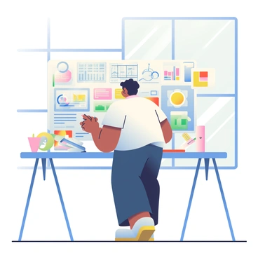 An architect with medium skin and black hair is standing at a large table filled with blueprints and graphic designs. The architect is wearing a white shirt and dark pants, and is holding a digital tablet in one hand. On the table, various colorful graphs and charts are displayed alongside the blueprints. There are pencils and a ruler scattered around. In the background, a large window lets in natural light, illuminating the space and highlighting the details on the blueprints. The architect appears focused, studying the designs intently.