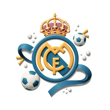 A detailed 3D render of the "Real Madrid" logo, featuring the iconic crown at the top, embellished with intricate designs. The logo is displayed against a backdrop of deep royal blue and white, with shimmering highlights that give it a glossy finish. The initials "RM" are prominently featured in bold, elegant typography, adorned with gold accents. Surrounding the logo are dynamic elements that represent the spirit of football, such as stylized soccer balls and abstract shapes that convey movement and energy. The overall composition exudes a sense of pride and passion for the team, encapsulating the essence of the club.