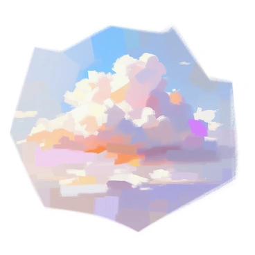 A landscape featuring fluffy clouds scattered across the sky, each cloud varying in size and shape. The clouds are depicted in a gradient of soft pastel colors, transitioning from gentle pinks to light blues and pale purples. The background showcases a smooth, blended sky that complements the colors of the clouds, creating a tranquil atmosphere. The sunlight filters through the clouds, casting delicate shadows and illuminating the pastel hues.