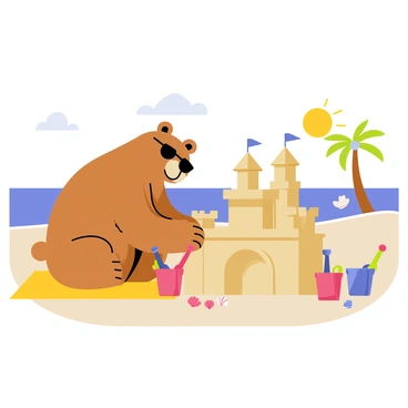 A bear with brown fur wearing stylish black sunglasses is focused on building a sandcastle on a sunny beach. The bear is sitting on a bright yellow towel, surrounded by colorful plastic shovels and buckets. The sandcastle is large and detailed, with towers and small flags made from seashells. In the background, there are gentle waves lapping at the shore, and a clear blue sky with a shining sun overhead. A few palm trees are swaying slightly in the warm breeze.