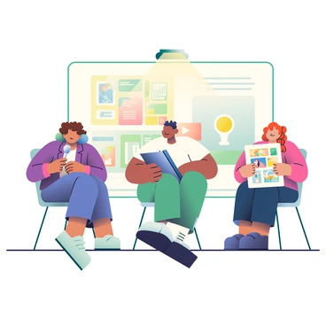 A group of three artists is seated on stage at a panel discussion. The first artist, a woman with curly brown hair, is wearing a purple blazer and is actively speaking into a microphone. The second artist, a man with short black hair, is listening intently and has a sketchbook open on his lap, showcasing vibrant illustrations. The third artist, a woman with long red hair in a braid, is holding a large poster featuring her illustrations and is prepared to share her insights. A spotlight is illuminating the panel, and the background features a large screen displaying various illustrations and techniques being discussed. The audience is slightly blurred, focusing attention on the panelists.