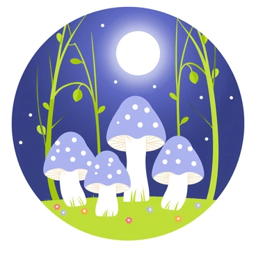 A circle of mushrooms with caps in various shades of light blue and pale gray, each displaying delicate gills. The mushrooms emit a soft, ethereal glow, illuminating the surrounding area with a gentle light. The glade features lush green grass and scattered small, colorful wildflowers. Above, a bright full moon shines through the leaves of tall trees, casting dappled shadows on the ground. Stars twinkle in the night sky, adding to the magical atmosphere of the scene.