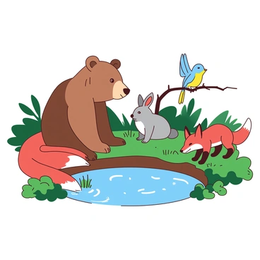 A group of friendly forest animals is gathered around a pond. In the foreground, there is a brown bear sitting on its haunches, looking curiously at its surroundings. Beside the bear, a gray rabbit is nibbling on some grass, its ears perked up attentively. A colorful bluebird is perched on a nearby branch, singing cheerfully. Near the water's edge, a playful red fox is splashing its paw into the pond, creating small ripples on the surface. The scene is vibrant with lush green foliage surrounding the pond, adding a lively atmosphere to the gathering.