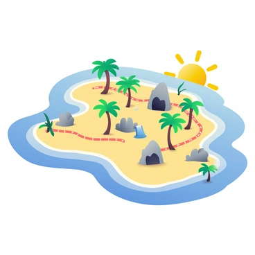 A detailed map of a sunny tropical island is centered on the image. The island features golden sandy beaches that stretch along its edges, outlined by gentle turquoise waves. Lush green palm trees are scattered throughout the island, providing shade in various areas. Hidden caves are marked with small icons, showing their entrances nestled within rocky cliffs. Trails are illustrated across the island, connecting different landmarks like a waterfall and a vibrant coral reef. The sun is positioned in the top corner, radiating bright yellow rays, contributing to the overall warm and inviting atmosphere of the map.