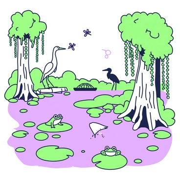 A lush swamp filled with cypress trees, their knobby roots emerging from the water. The trees are draped with hanging moss that sways gently in the wind. In the foreground, there are patches of green lily pads floating on the water's surface. A pair of frogs are perched on one of the lily pads, while a heron stands tall among the cypress trunks. In the background, dragonflies flit above the water, and a turtle sunbathes on a log partially submerged in the swamp. A faint mist hovers above the water, adding to the atmosphere of the scene.