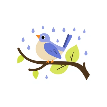 A small bird with vibrant blue feathers is perched on a slender, dark brown branch. The bird has bright orange beak and big, curious eyes. Surrounding the bird, there are numerous clear raindrops cascading down, with some droplets hanging off the branch. The background features soft green leaves, slightly blurred, emphasizing the bird and the falling rain.