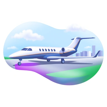 A sleek private jet parked on a smooth, grey tarmac. The jet features a shiny metallic body with elegant curves and stylish wings. The background includes a clear blue sky, devoid of clouds, emphasizing the bright sunlight. Nearby, there are a few fluffy white clouds and some distant hangars, adding context to the aviation setting.