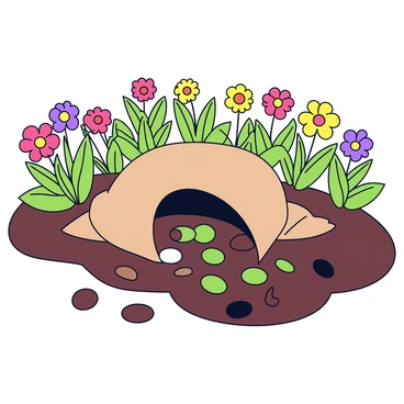 A burlap sack is lying on its side, spilling out an assortment of colorful seeds onto the ground. The seeds vary in size and shape, including small round seeds and larger oval ones, with shades of brown, green, and black. Surrounding the sack is a vibrant garden filled with lush green plants and blooming flowers in bright colors such as red, yellow, and purple. The garden soil is rich and dark, contrasting with the neutral tones of the burlap. Sunlight illuminates the scene, enhancing the colors of the seeds and the surrounding foliage.