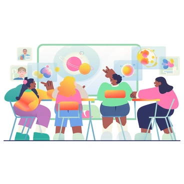 A group of children is sitting at desks in a bright classroom, actively engaging with holographic displays. Each child has a unique hairstyle and clothing style, contributing to a diverse environment. The holographic displays project vibrant images of planets, chemical structures, and the human body in mid-air, illuminating their interested faces. One child with curly hair is reaching out to touch a floating atom model, while another child with straight hair is pointing towards a rotating globe. The classroom walls are adorned with posters of famous scientists and diagrams, further enhancing the learning atmosphere.