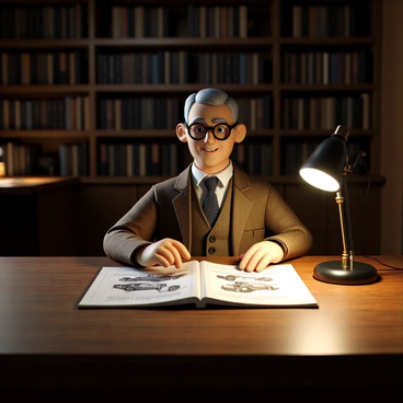 An old-fashioned engineer examining a vintage car engine design in a library