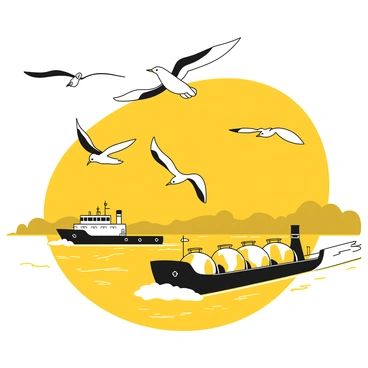 A group of seagulls with white feathers and black tips on their wings flies overhead, their wings spread wide against the sky. Below them, an oil barge with a large black hull smoothly navigates through the bay. The barge is equipped with several large storage tanks and has a small crew visible on deck. The water in the bay is calm, reflecting the shapes of the seagulls and the barge as they move through the scene. The shoreline is faintly visible in the distance, lined with silhouettes of distant trees.