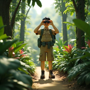 A lead explorer peering through binoculars while navigating a dense jungle