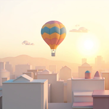 A colorful gas balloon, featuring bright patterns of red, blue, and yellow, is floating gently over a cityscape at dawn. The city is composed of various buildings with rooftops of different shapes and sizes. The soft golden light of the early morning sun is illuminating the tops of the buildings, creating warm highlights that contrast with the cooler shadows of the streets below. A few wispy clouds are scattered across the sky, reflecting the golden hues of the dawn.