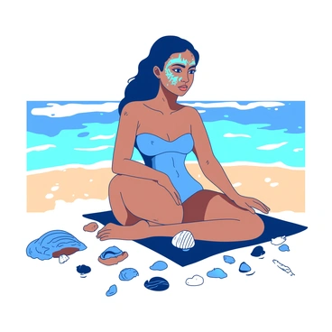 A woman with blue and green ocean-themed face paint is sitting on the sandy beach. The face paint features intricate patterns resembling waves and sea creatures. She is surrounded by various sea shells of different shapes and sizes, scattered around her. The sun casts a warm glow on her skin, highlighting the vibrant colors of her face paint. The ocean is visible in the background, with gentle waves lapping at the shore.