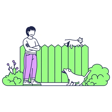 A neighbor is standing outside in front of a wooden fence, facing a barking dog. The neighbor has crossed arms and is frowning, showing visible frustration. They are wearing a casual t-shirt and jeans. The dog, which is on the other side of the fence, is a small breed with a wagging tail and is barking energetically. The scene includes a well-maintained garden with flowers and shrubs surrounding the fence, adding detail to the backyard area.