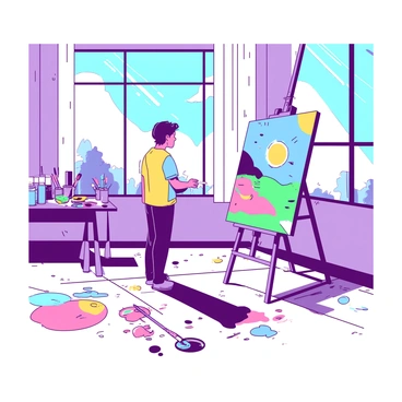 An artist is standing in front of a large canvas in a bright studio filled with natural light. The canvas is covered with vibrant colors and brush strokes as the artist focuses on their work. The studio floor features a variety of paint splatters in different locations, showcasing the creative process. Large windows allow sunlight to stream in, illuminating the space and reflecting off the surfaces. Various art supplies, including tubes of paint and brushes, are scattered around the artist, contributing to the lively atmosphere.