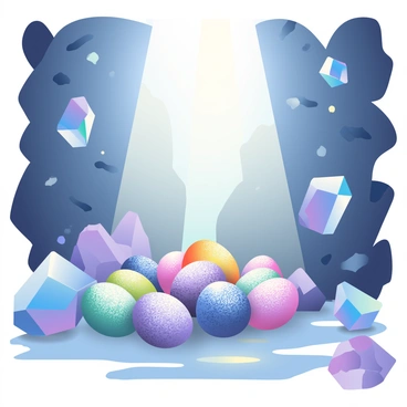A hidden cave is illuminated by soft, ethereal light. In the center of the cave, there are numerous dragon eggs, each one shimmering in various hues. The shells of the eggs are textured, with intricate patterns that catch the light beautifully. Surrounding the eggs are large, glowing crystals that sparkle in shades of blue and purple. The crystals are jagged and irregular, casting reflections on the cave walls, which are rough and rocky. The atmosphere feels magical, with the soft glow of the crystals creating a serene ambiance throughout the cave.