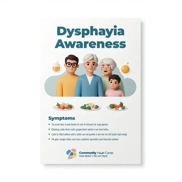 A poster featuring the phrase "Dysphagia Awareness" prominently displayed at the top in bold letters. Below, there is an illustration of a diverse group of people, including a middle-aged man with glasses, an elderly woman with gray hair, and a young child, all showing expressions of concern and understanding. Next to them, there are images of various food items, such as a thickened drink, chopped vegetables, and small bites, to visually represent safe options for those with dysphagia. The background incorporates calming colors, with an informative section listing symptoms and tips for managing dysphagia, designed in an easy-to-read format. A logo of the community health center is featured at the bottom.
