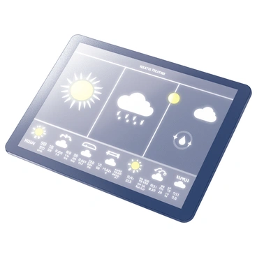 A large digital screen displays a weather forecast. The screen is divided into sections showing various weather data. On the left side, there is a graphical representation of temperature, with a scale that indicates hot and cold. The center section presents animated icons representing sunny, cloudy, and rainy weather conditions. Below, there are detailed statistics such as wind speed and humidity levels presented in a clear format. The background resembles a sleek, modern interface with minimalist design elements. The overall composition gives an impression of high technology and efficiency in conveying weather information.